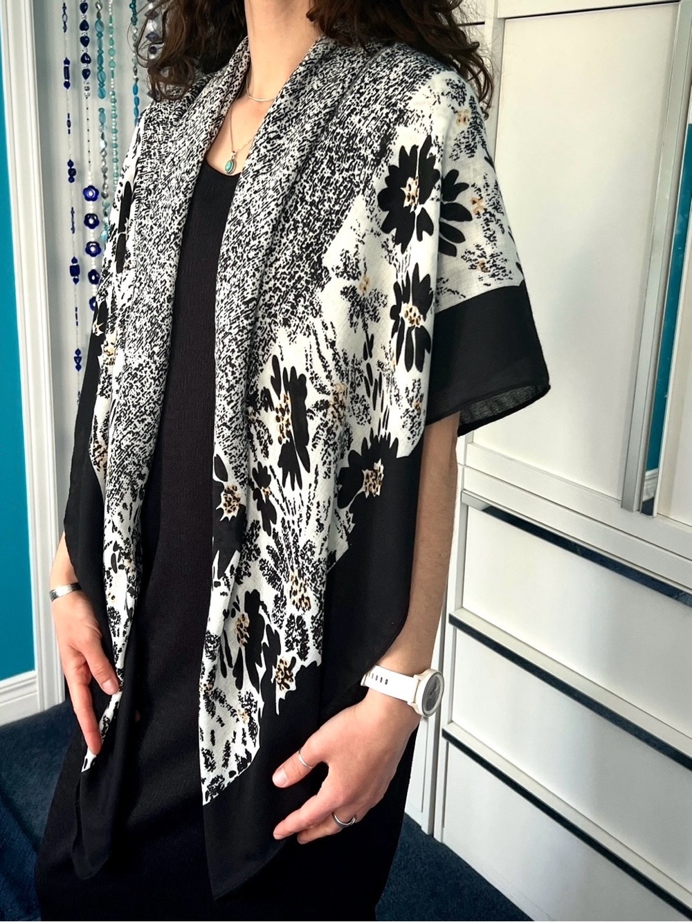 🎁Vintage Black & White Floral Oversized Scarf  •  Wrap • Butter Yellow Accents
